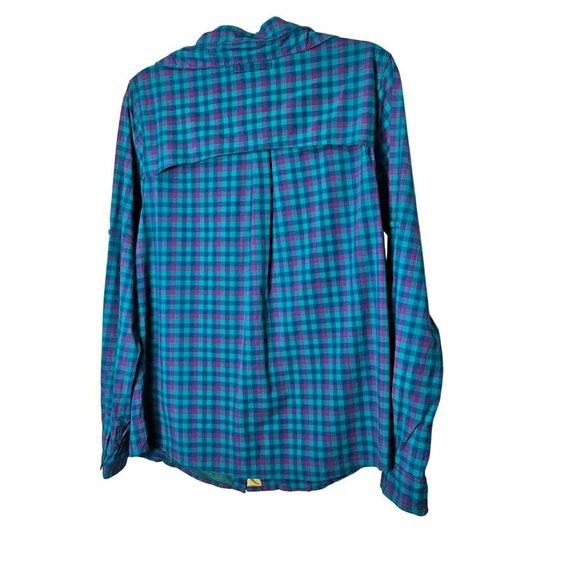 Duluth Trading Womens Large Blue Purple Plaid Button-Up Shirt Fishing Zip Pocket - Picture 4 of 13